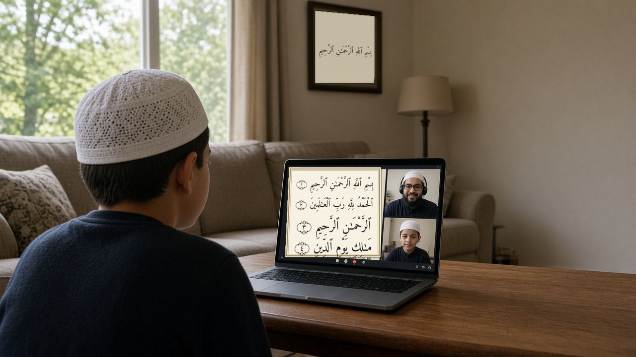 Student in a live online hifz class at home, reading the Quran page the teacher shares on screen while teacher and student appear on video
